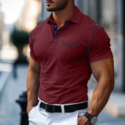 Clearance OUKU Men's Cotton Polo Shirt Golf Shirt Work Casual Lapel Short Sleeve Basic Modern Color Block Patchwork Button Spring & Summer Regular Fit Army Green Lake blue Forest Green Black White Burgundy Cotton