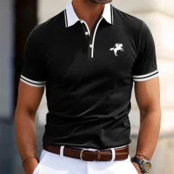 Clearance OUKU Men's Cotton Polo Shirt Golf Shirt Business Casual Ribbed Polo Collar Short Sleeve Fashion Basic Solid Color Color Block Buttons Summer Spring & Fall Regular Fit Light Blue Black Blue Cotton Polo