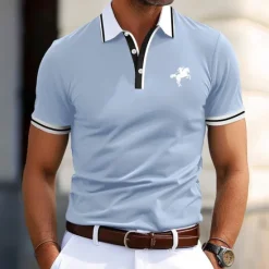 Clearance OUKU Men's Cotton Polo Shirt Golf Shirt Business Casual Ribbed Polo Collar Short Sleeve Fashion Basic Solid Color Color Block Buttons Summer Spring & Fall Regular Fit Light Blue Black Blue Cotton Polo
