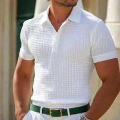 Outlet OUKU Men's Cotton Waffle Polo Shirts Golf Shirt Casual Holiday Lapel Ribbed Polo Collar Short Sleeve Fashion Basic Plain Buttons Soft Summer Spring Regular Fit White Yellow Green Gray Waffle Polo