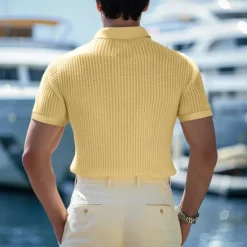 Outlet OUKU Men's Cotton Waffle Polo Shirts Golf Shirt Casual Holiday Lapel Ribbed Polo Collar Short Sleeve Fashion Basic Plain Buttons Soft Summer Spring Regular Fit White Yellow Green Gray Waffle Polo
