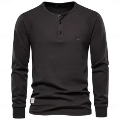 Sale OUKU Men's Cotton Waffle Shirt Henley School Training Long Sleeve Button Clothing Apparel Elegant Warm Active Vintage