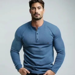 Sale OUKU Men's Cotton Waffle Shirt Henley School Training Long Sleeve Button Clothing Apparel Elegant Warm Active Vintage