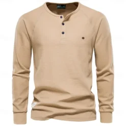 Sale OUKU Men's Cotton Waffle Shirt Henley School Training Long Sleeve Button Clothing Apparel Elegant Warm Active Vintage