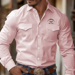 Sale OUKU Men's Cow Letter Printed Western Shirt Button Up Shirt Shirt Jacket Long Sleeve Fashion Casual Outdoor Streetwear Spring Fall Turndown Collared Shirts Front Two Pockets White Pink Light Blue
