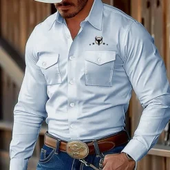 Best OUKU Men's Cow Print Western Shirt Button Up Shirt Shirt Jacket Long Sleeve Fashion Casual Outdoor Streetwear Spring Fall Turndown Collared Shirts Front Two Pockets Light Blue White Pink