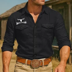 Outlet OUKU Men's Cow Print Western Shirt Button Up Shirt Cowboy Shirt Long Sleeve Vintage Retro Outdoor Holiday Summer Spring Fall Turndown Collared Shirts Front Two Pockets Black White