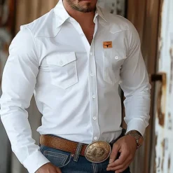 Hot OUKU Men's Cow Print Western Shirt Button Up Shirt Cowboy Shirt Long Sleeve Western Vintage Retro Outdoor Casual Spring Fall Turndown Collared Shirts Front Two Pockets Black Pink Apricot