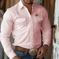 Hot OUKU Men's Cow Print Western Shirt Button Up Shirt Cowboy Shirt Long Sleeve Western Vintage Retro Outdoor Casual Spring Fall Turndown Collared Shirts Front Two Pockets Black Pink Apricot
