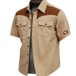 Outlet OUKU Men's Cow Print Work Shirt Western Shirt Cargo Shirt Short Sleeve Vintage Casual Western Style Sports & Outdoor Going out Summer Spring Turndown Print Brown Green Khaki