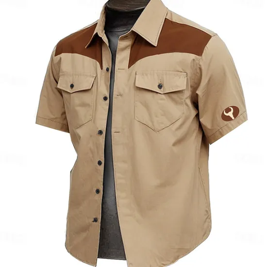 Outlet OUKU Men's Cow Print Work Shirt Western Shirt Cargo Shirt Short Sleeve Vintage Casual Western Style Sports & Outdoor Going out Summer Spring Turndown Print Brown Green Khaki