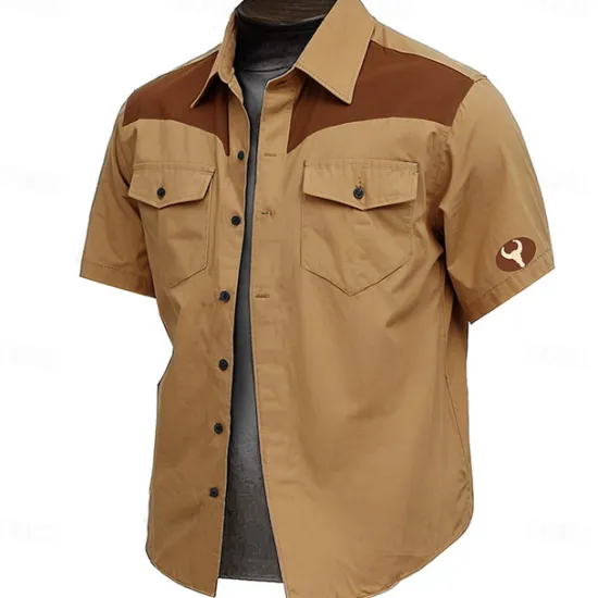 Outlet OUKU Men's Cow Print Work Shirt Western Shirt Cargo Shirt Short Sleeve Vintage Casual Western Style Sports & Outdoor Going out Summer Spring Turndown Print Brown Green Khaki