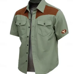 Outlet OUKU Men's Cow Print Work Shirt Western Shirt Cargo Shirt Short Sleeve Vintage Casual Western Style Sports & Outdoor Going out Summer Spring Turndown Print Brown Green Khaki