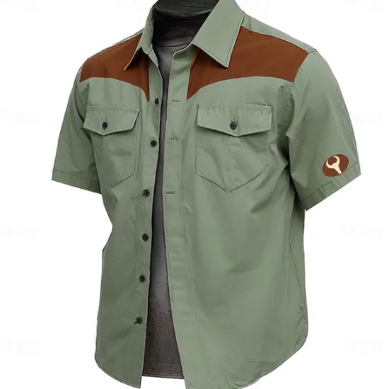 Outlet OUKU Men's Cow Print Work Shirt Western Shirt Cargo Shirt Short Sleeve Vintage Casual Western Style Sports & Outdoor Going out Summer Spring Turndown Print Brown Green Khaki