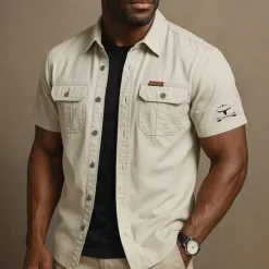 Outlet OUKU Men's Cow Print Work Shirt Western Shirt Cargo Shirt Short Sleeve Casual Tactical Sports Outdoor Going out Summer Spring Turndown Graphic Cotton Button Up Shirts Army Green Khaki Beige
