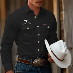 Hot OUKU Men's Cow Work Shirt Western Shirt Cargo Shirt Long Sleeve Casual Tactical Sports & Outdoor Going out Winter Spring & Fall Turndown Print Black White Khaki