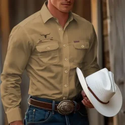 Hot OUKU Men's Cow Work Shirt Western Shirt Cargo Shirt Long Sleeve Casual Tactical Sports & Outdoor Going out Winter Spring & Fall Turndown Print Black White Khaki
