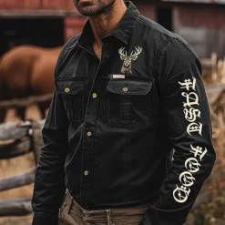 OUKU Men's Cowboy Deer Work Shirt Western Shirt Cargo Shirt Long Sleeve Vintage Casual Tactical Sports & Outdoor Going out Winter Spring & Fall Turndown Print Black
