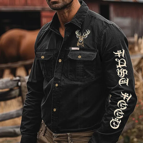 OUKU Men's Cowboy Deer Work Shirt Western Shirt Cargo Shirt Long Sleeve Vintage Casual Tactical Sports & Outdoor Going out Winter Spring & Fall Turndown Print Black