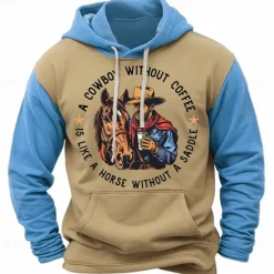 Online OUKU Men's Cowboy Hoodie Hoodies Sweatshirt Fashion Cowboy Long Sleeve Crew Neck Light Brown Blue Fall Winter Designer