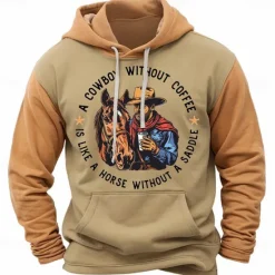 Online OUKU Men's Cowboy Hoodie Hoodies Sweatshirt Fashion Cowboy Long Sleeve Crew Neck Light Brown Blue Fall Winter Designer