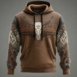 Best OUKU Men's Cowboy Hoodies Sweatshirt Ethnic Vintage Retro Long Sleeve Crew Neck Holiday Travel Streetwear Blue Brown Drawstring 3D Fall Winter Designer