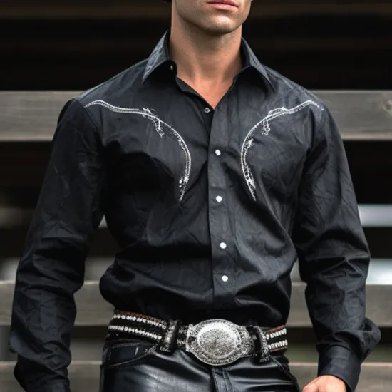Online OUKU Men's Cowboy Shirt Western Shirt Cowboy Shirt Long Sleeve Western Style Outdoor Street Casual Daily Fall & Winter Turndown Buttons Print Black Brown