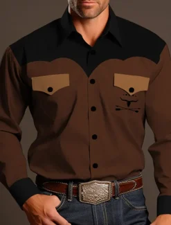Sale OUKU Men's Cowboy Shirt Western Shirt Cowboy Shirt Long Sleeve Vintage Western Style Outdoor Street Casual Daily Fall & Winter Turndown Buttons Print Brown khaki