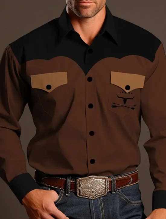 Sale OUKU Men's Cowboy Shirt Western Shirt Cowboy Shirt Long Sleeve Vintage Western Style Outdoor Street Casual Daily Fall & Winter Turndown Buttons Print Brown khaki