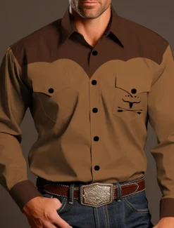 Sale OUKU Men's Cowboy Shirt Western Shirt Cowboy Shirt Long Sleeve Vintage Western Style Outdoor Street Casual Daily Fall & Winter Turndown Buttons Print Brown khaki