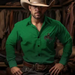 Online OUKU Men's Cowboy Shirt Western Shirt Cowboy Shirt Long Sleeve Vintage Western Style Outdoor Street Casual Daily Fall & Winter Turndown Buttons Print Brown Green