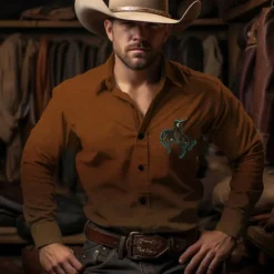 Online OUKU Men's Cowboy Shirt Western Shirt Cowboy Shirt Long Sleeve Vintage Western Style Outdoor Street Casual Daily Fall & Winter Turndown Buttons Print Brown Green