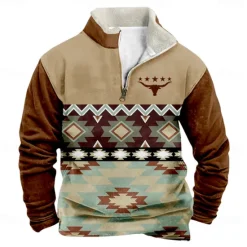 Best OUKU Men's Cowboy Sweatshirt Quarter Zip Sweatshirt Long Sleeve Sweatshirt Stand Collar Quarter Zip Casual Vintage Retro 3D Print Vacation Going out Streetwear Half Zip Fall Winter Brown