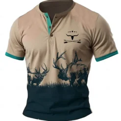 OUKU Men's Cowboy T shirt Henley Shirt Short Sleeve 3D Print Designer Retro Vintage Western Style Street Casual Daily Summer Spring Light Brown Blue Brown Henley Henley T-Shirt