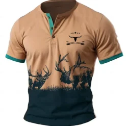 OUKU Men's Cowboy T shirt Henley Shirt Short Sleeve 3D Print Designer Retro Vintage Western Style Street Casual Daily Summer Spring Light Brown Blue Brown Henley Henley T-Shirt