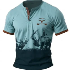 OUKU Men's Cowboy T shirt Henley Shirt Short Sleeve 3D Print Designer Retro Vintage Western Style Street Casual Daily Summer Spring Light Brown Blue Brown Henley Henley T-Shirt