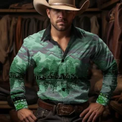 Hot OUKU Men's Cowboy Western Shirt Button Up Shirt Cowboy Shirt Long Sleeve Vintage Western Style Casual Daily Spring Fall & Winter Turndown Collared Shirts 3D Print Front Pocket Brown Green Gray