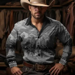 Hot OUKU Men's Cowboy Western Shirt Button Up Shirt Cowboy Shirt Long Sleeve Vintage Western Style Casual Daily Spring Fall & Winter Turndown Collared Shirts 3D Print Front Pocket Brown Green Gray