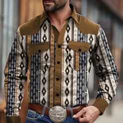 Hot OUKU Men's Cowboy Western Shirt Button Up Shirt Cowboy Shirt Long Sleeve Vintage Western Daily Holiday Fall Winter Spring & Summer Turndown Collared Shirts 3D Print Brown