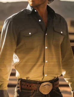 Discount OUKU Men's Cowboy Western Shirt Button Up Shirt Cowboy Shirt Long Sleeve Vintage Western Style Daily Wear Spring Fall & Winter Turndown Collared Shirts 3D Print Front Pocket Yellow Blue Khaki