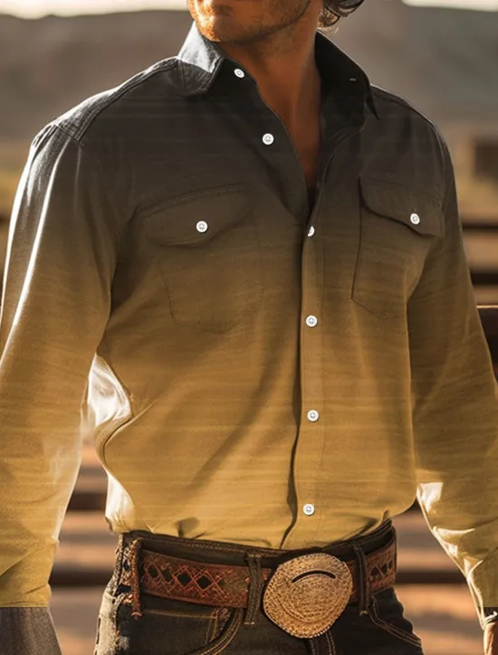 Discount OUKU Men's Cowboy Western Shirt Button Up Shirt Cowboy Shirt Long Sleeve Vintage Western Style Daily Wear Spring Fall & Winter Turndown Collared Shirts 3D Print Front Pocket Yellow Blue Khaki