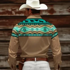 New OUKU Men's Cowboy Western Shirt Button Up Shirt Cowboy Shirt Long Sleeve Vintage Western Daily Wear Going out Weekend Spring Fall Winter Turndown Collared Shirts 3D Print Front Pocket Pink Green Khaki