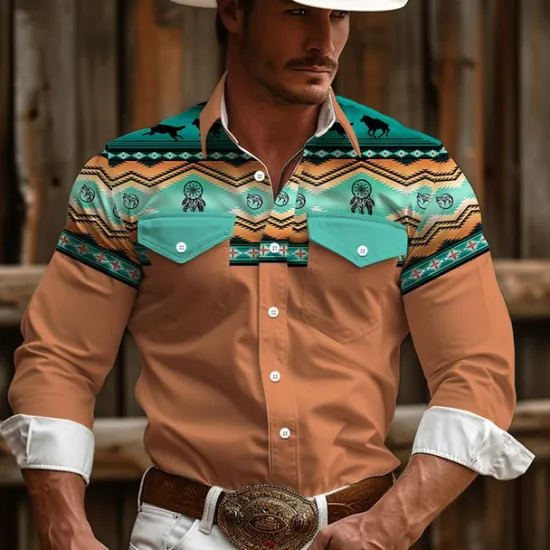 New OUKU Men's Cowboy Western Shirt Button Up Shirt Cowboy Shirt Long Sleeve Vintage Western Daily Wear Going out Weekend Spring Fall Winter Turndown Collared Shirts 3D Print Front Pocket Pink Green Khaki