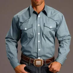 Clearance OUKU Men's Cowboy Western Shirt Button Up Shirt Cowboy Shirt Long Sleeve Vintage Western Style Casual Daily Fall & Winter Turndown 3D Print Front Pocket Blue khaki