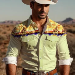 Clearance OUKU Men's Cowboy Western Shirt Button Up Shirt Cowboy Shirt Long Sleeve Vintage Western Daily Wear Going out Weekend Spring Fall Winter Turndown Collared Shirts 3D Print Front Pocket Blue Green Khaki Gray