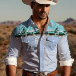 Clearance OUKU Men's Cowboy Western Shirt Button Up Shirt Cowboy Shirt Long Sleeve Vintage Western Daily Wear Going out Weekend Spring Fall Winter Turndown Collared Shirts 3D Print Front Pocket Blue Green Khaki Gray