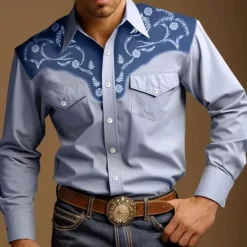 New OUKU Men's Cowboy Western Shirt Button Up Shirt Cowboy Shirt Long Sleeve Vintage Western Style Outdoor Street Casual Daily Fall & Winter 3D Print Front Pocket Black Blue Brown khaki