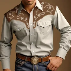 New OUKU Men's Cowboy Western Shirt Button Up Shirt Cowboy Shirt Long Sleeve Vintage Western Style Outdoor Street Casual Daily Fall & Winter 3D Print Front Pocket Black Blue Brown khaki