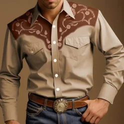 New OUKU Men's Cowboy Western Shirt Button Up Shirt Cowboy Shirt Long Sleeve Vintage Western Style Outdoor Street Casual Daily Fall & Winter 3D Print Front Pocket Black Blue Brown khaki