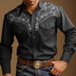 New OUKU Men's Cowboy Western Shirt Button Up Shirt Cowboy Shirt Long Sleeve Vintage Western Style Outdoor Street Casual Daily Fall & Winter 3D Print Front Pocket Black Blue Brown khaki